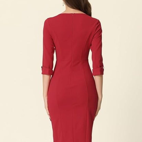 Allegra K Elegant Ruched Bodycon 3/4 Sleeve Sheath Dress - Picture 2 of 8